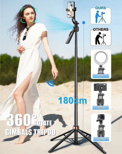 SelfieMax Pro 360 – Portable Support for Action Cameras and Smartphones with Auto Tracking, Gimbal Stabilizer, Wireless Selfie Stick, and Integrated Tripod, 180cm/ 70,9 inch
