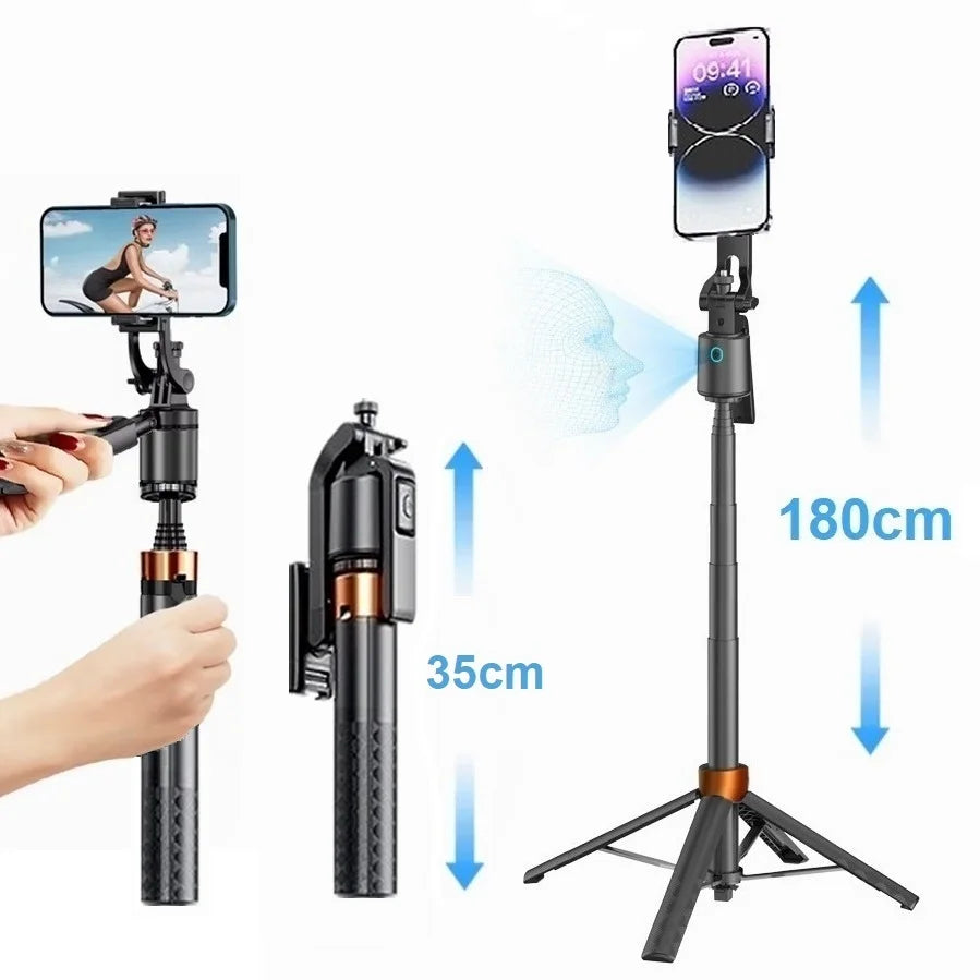 SelfieMax Pro 360 – Portable Support for Action Cameras and Smartphones with Auto Tracking, Gimbal Stabilizer, Wireless Selfie Stick, and Integrated Tripod, 180cm/ 70,9 inch