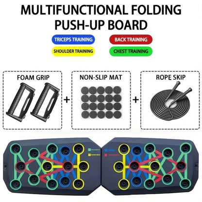 FlexBoard 360 – Portable, multifunctional push-up board with ergonomic handles. Its foldable design makes it perfect for training chest, abdomen, arms, and back at home or the gym. Adaptable to all fitness levels, it offers comfort.