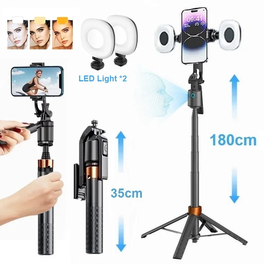 SelfieMax Pro 360 – Portable Support for Action Cameras and Smartphones with Auto Tracking, Gimbal Stabilizer, Wireless Selfie Stick, and Integrated Tripod, 180cm/ 70,9 inch