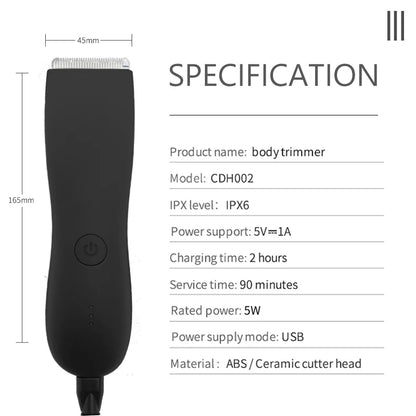 Zipher body hair trimmer for men and women, for groin, pubic area, legs, and entire body, with a replaceable ceramic blade that doesn’t hurt, electric and waterproof.
