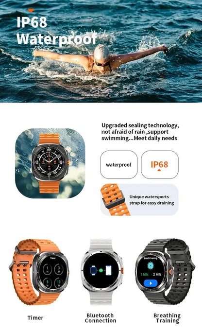 Smartwatch Plus 47mm 2025, IP68 waterproof, Bluetooth, compass, 1.43'' AMOLED screen, and SpO2 monitoring, unisex.
