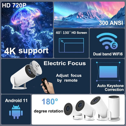VisionMax Pro Projector – Android 4K 1280*720P Dual Wi-Fi 300 ANSI Video Cinema | Portable HD LED for Home, Outdoor Use, Movies, Studying, Cartoons for Kids & More.