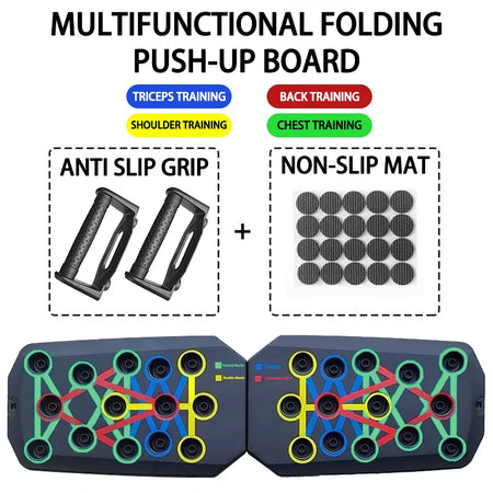 FlexBoard 360 – Portable, multifunctional push-up board with ergonomic handles. Its foldable design makes it perfect for training chest, abdomen, arms, and back at home or the gym. Adaptable to all fitness levels, it offers comfort.